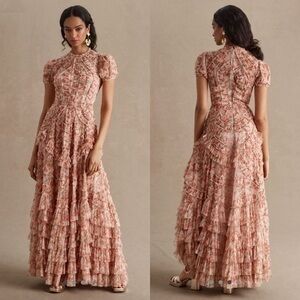 Mac Duggal High Neck Floral Mesh Ruffle Maxi Dress – Pink/Cream – Size 8